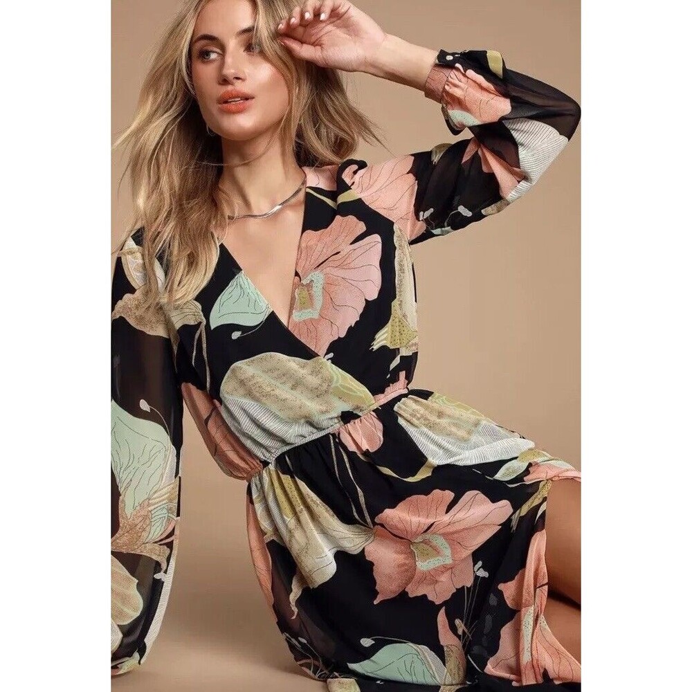 Lulus Maxi Dress XS Black Wondrous Water Lilies Floral Long Sleeve Boho resort - Picture 4 of 16